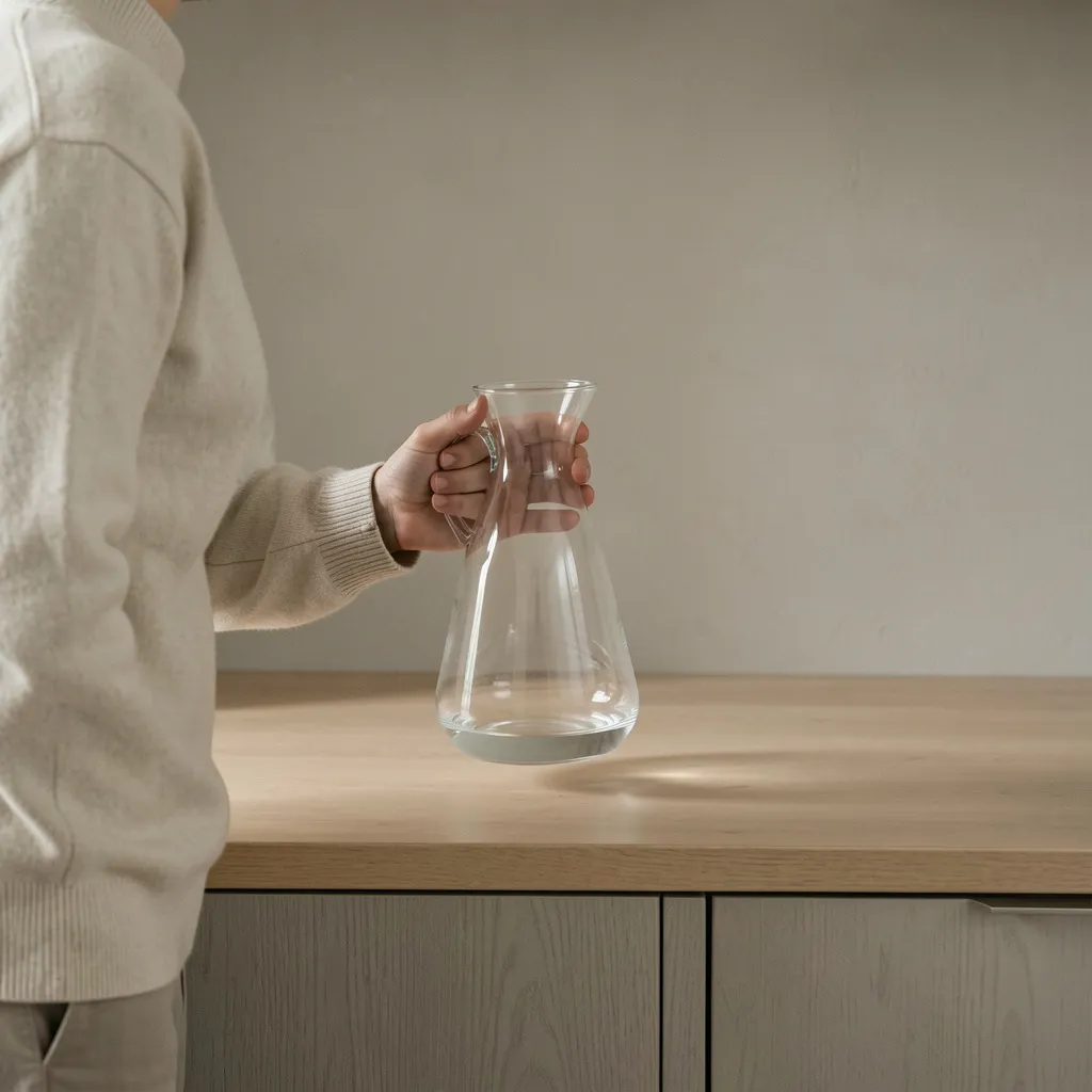 Glass bottles arranged on modern kitchen counter with plants