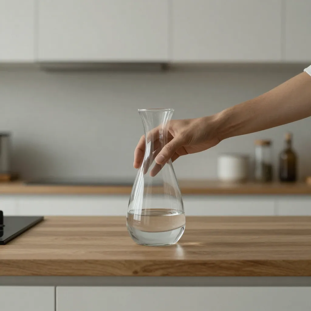 Glassware displayed on wooden shelf with natural textures