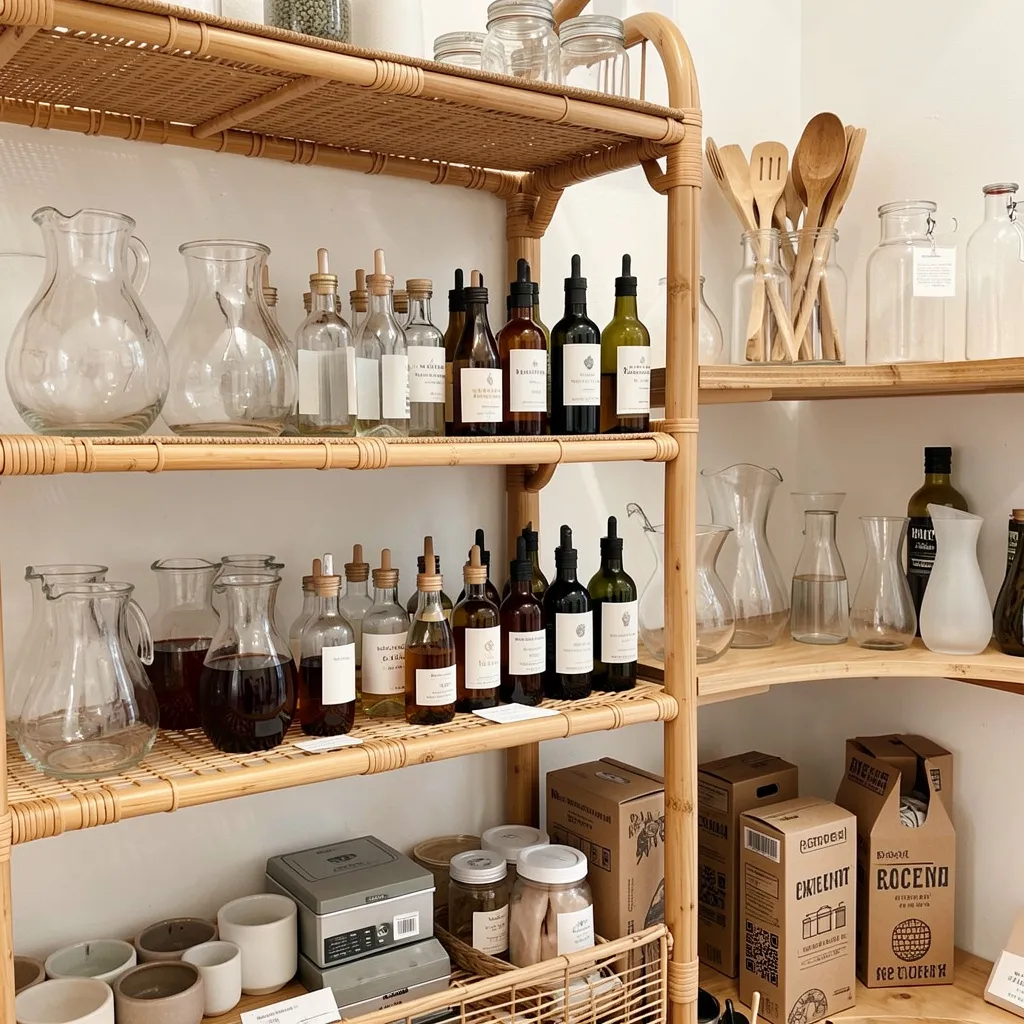 Stylish arrangement of glass bottles with various decorative elements